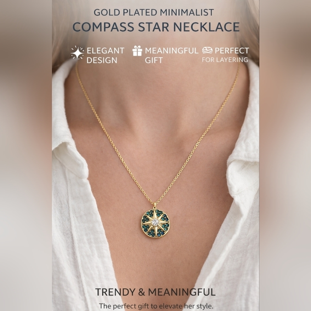 Gold Plated Compass Star Necklace Minimalist CZ Pendant Dainty Gift